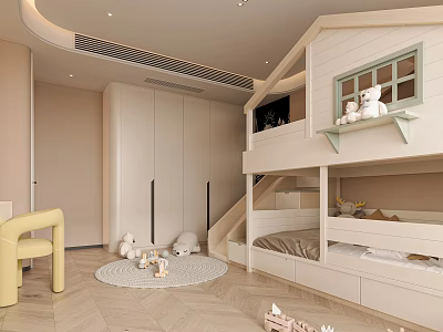 Cozy Modern Kids Room With Bunk Bed Slide And Stuffed Toys 3d model