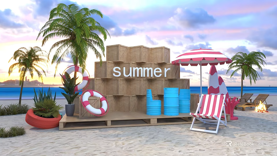 Summer Beach Scene With Wooden Crates Lifesavers Striped Umbrella And Palm Trees 3d model 