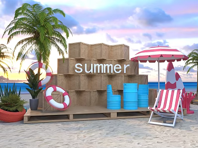 Summer Beach Scene With Wooden Crates Lifesavers Striped Umbrella And Palm Trees 3d model