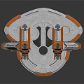 Industrial Orange White Circular Mechanical Component With Metallic Arms And Ring Structure
