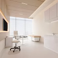 Modern Minimalist Office Interior Design With White Wooden Elements Desk Chair TV Window Blinds Cabinets