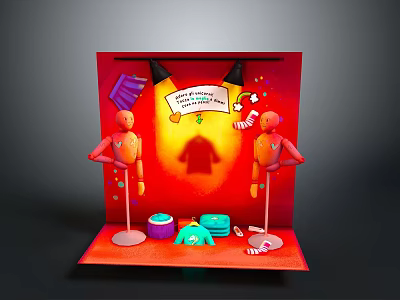 Vibrant Fun Party Scene with Red Display Box Orange Mannequins Colorful Items and Yellow Tshirt 3d model