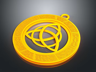 Golden Circular Decorative Pendant With Intricate Intertwined Rings Pattern and Ornate Patterned Border Design 3d model