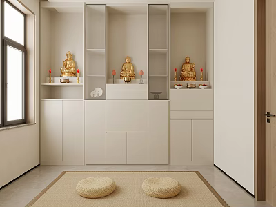 Minimalist White Buddhist Shrine Cabinet With Golden Buddha Statues Storage Shelves And Woven Mats 3d model