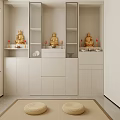 Minimalist White Buddhist Shrine Cabinet With Golden Buddha Statues Storage Shelves And Woven Mats