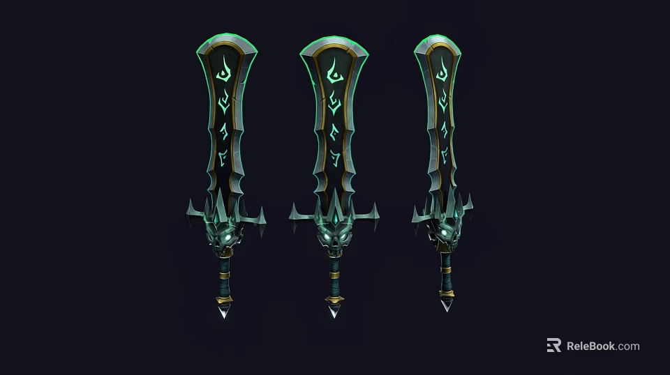 Three Fantasy Swords With Green Glowing Patterns Black Blades And Ornate Hilt Design 3d model 