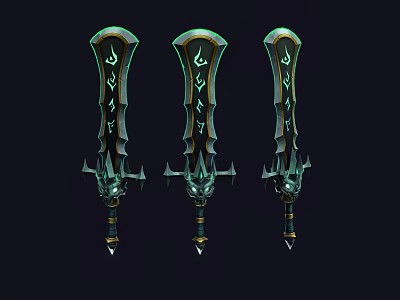 Three Fantasy Swords With Green Glowing Patterns Black Blades And Ornate Hilt Design 3d model