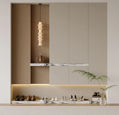 Modern Entryway And Side Cabinet With Wooden Panel Marble Shelf Shoe Storage Lighting And Plant 3d model