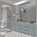 Elegant Bathroom Interior Design With Arched Mirror Double Vanity White Cabinets And Flowers