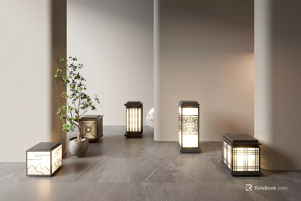 Various Square Japanese Outdoor Lights With Carved Patterns Emitting Warm Glow In Garden 3d model 
