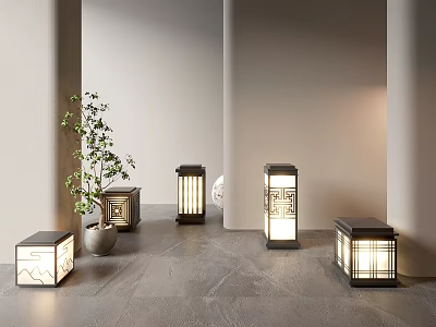 Various Square Japanese Outdoor Lights With Carved Patterns Emitting Warm Glow In Garden 3d model