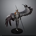 Mythical Character 3D Model With White Black Wings And Spear On Black Base