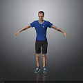 Man In Blue T-shirt And Black Shorts With Arms Outstretched On Gray Gradient Background
