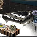Elegant Modern Sectional Sofa Interior With Wooden Pattern Decorative Balls And Striped Coffee Table