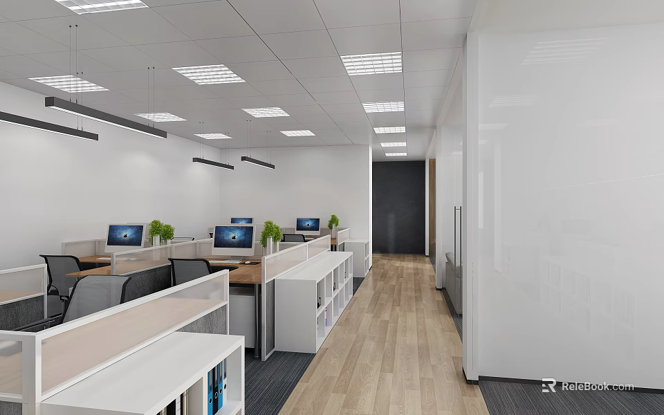 Modern Public Office Space With Open Workstations Green Plants Bright Lighting And Wooden Flooring 3d model 