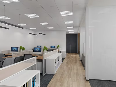Modern Public Office Space With Open Workstations Green Plants Bright Lighting And Wooden Flooring 3d model