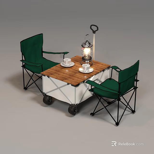 Outdoor Folding Dining Set With Wooden Tabletop Green Chairs Wheels Lantern And Tea Cups 3d model 