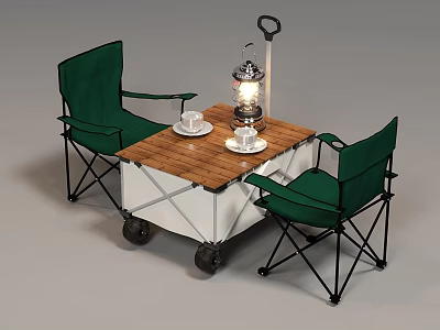 Outdoor Folding Dining Set With Wooden Tabletop Green Chairs Wheels Lantern And Tea Cups 3d model