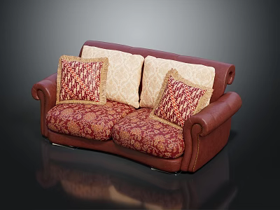 Classic Brown Leather Sofa With Rolled Arms And Geometric Patterned Accent Pillows 3d model