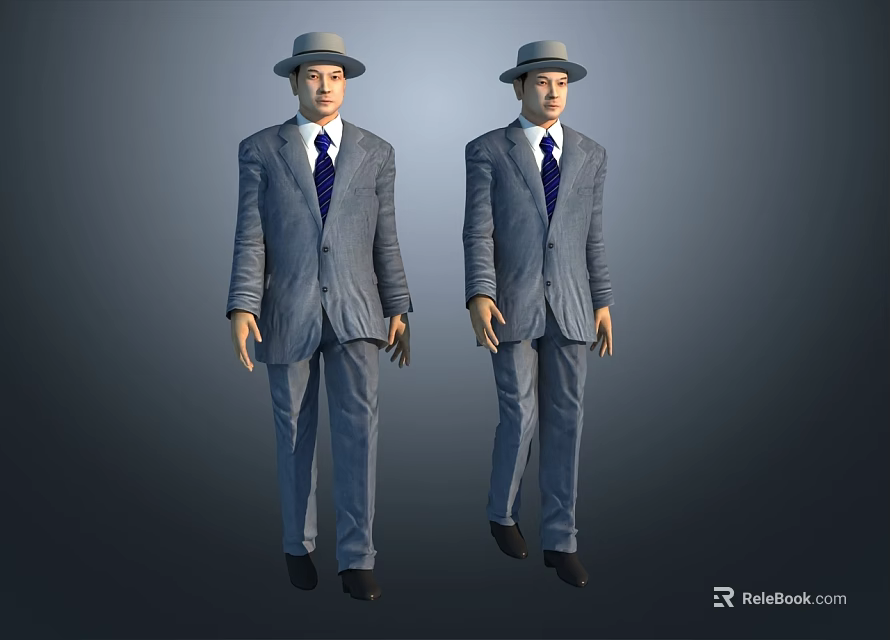 Two Men in Gray Suits with Blue Ties Wearing Hats Against Gray Background 3d model 