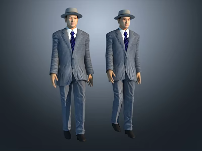 Two Men in Gray Suits with Blue Ties Wearing Hats Against Gray Background 3d model