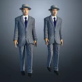 Two Men in Gray Suits with Blue Ties Wearing Hats Against Gray Background