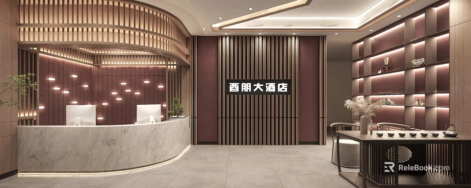 Elegant Hotel Lobby Interior Design With Wooden Slats And Marble Reception Desk 3d model 