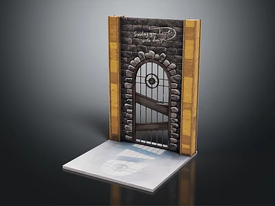 Storybook Pop Up Castle Gate Design With Stone Wall And Iron Details On Folded Base 3d model