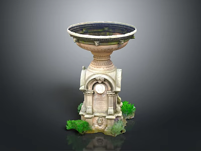 Ornamental Circular Stone Basin With Carved Pedestal And Surrounding Green Plants 3d model