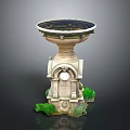 Ornamental Circular Stone Basin With Carved Pedestal And Surrounding Green Plants