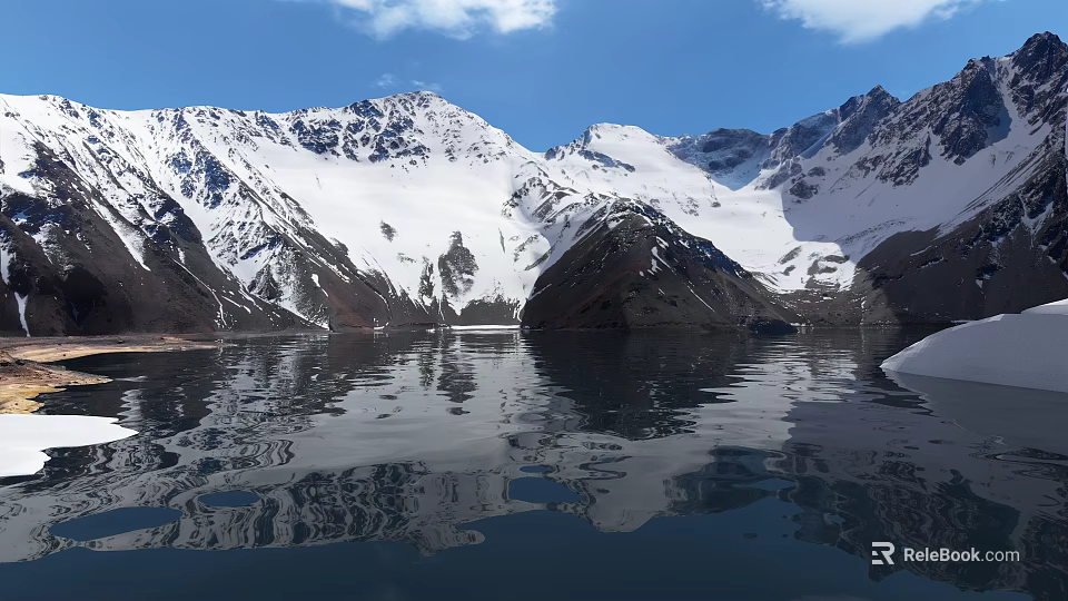 Snowy Mountain Landscape With Calm Lake And Clear Blue Sky Reflection 3d model 