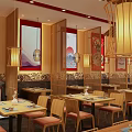 Warm Ambiance Japanese Restaurant Interior With Wooden Tables Chairs Orange Cushions Bar Counter Decorative Paintings