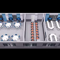 Aerial View Of Dining Interior Space With U Shaped Round Tables Orange Chairs And Window Layout