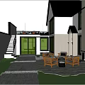Snowy Courtyard Garden With Outdoor Furniture Umbrella And People Enjoying Winter Scene