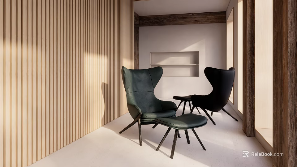 Dark Green And Black Accent Chairs With Ottoman By Wooden Slat Wall In Modern Natural Light Room 3d model 