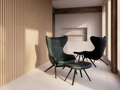Dark Green And Black Accent Chairs With Ottoman By Wooden Slat Wall In Modern Natural Light Room 3d model