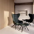 Dark Green And Black Accent Chairs With Ottoman By Wooden Slat Wall In Modern Natural Light Room