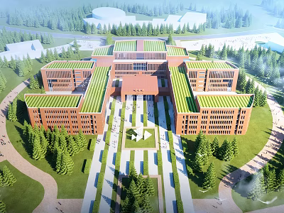 Modern Red Brick School Building With Green Roofs And Surrounding Trees 3d model