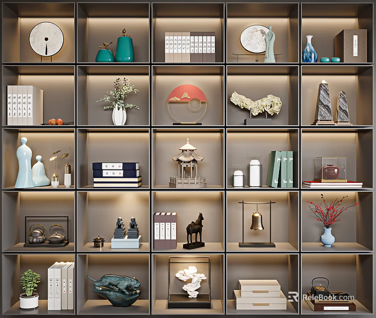 Elegant Ornamental Decor Set with Vases Sculptures Books and Plants on Display Shelves 3d model 
