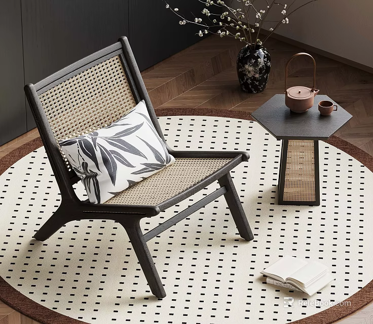 Stylish Wicker Chair With Patterned Cushion Round Rug Side Table And Tea Set 3d model 