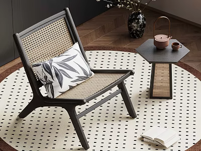 Stylish Wicker Chair With Patterned Cushion Round Rug Side Table And Tea Set 3d model