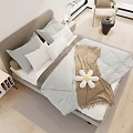Modern Double Bed Interior With Light Blue Bedding Gray Pillows Brown Blanket And Flower Decor