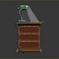 Wooden Office Desk with Drawers Featuring Table Lamp Green Lampshade and Papers