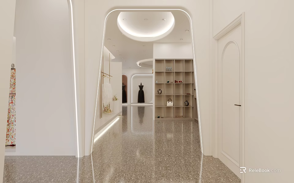 Modern White Wedding Dress Store Interior With Bridal Gown Display And Shelving Units 3d model 