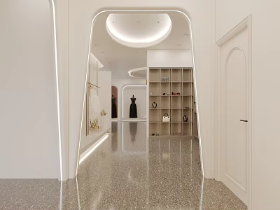 Modern White Wedding Dress Store Interior With Bridal Gown Display And Shelving Units 3d model