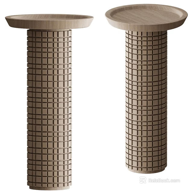 Pair of Light Wood Side Tables with Grid Patterned Cylindrical Columns 3d model