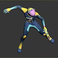 Sci Fi Character in Action Pose with Pink Helmet Teal Body and Colorful Weapon