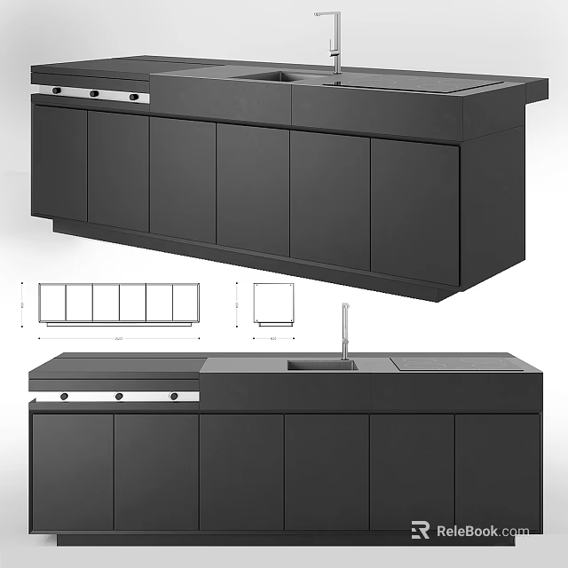 Sleek Modern Kitchen Interior With Black Cabinets Island Sink And Countertop 3d model 