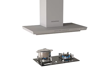 Stainless Steel Kitchen Appliances Featuring Siemens Range Hood Gas Stove And Cooking Pot 3d model