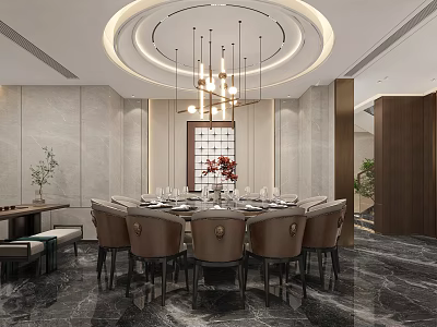 Elegant Modern Restaurant Interior With Round Dining Table Brown Chairs Marble Walls And Chandelier 3d model